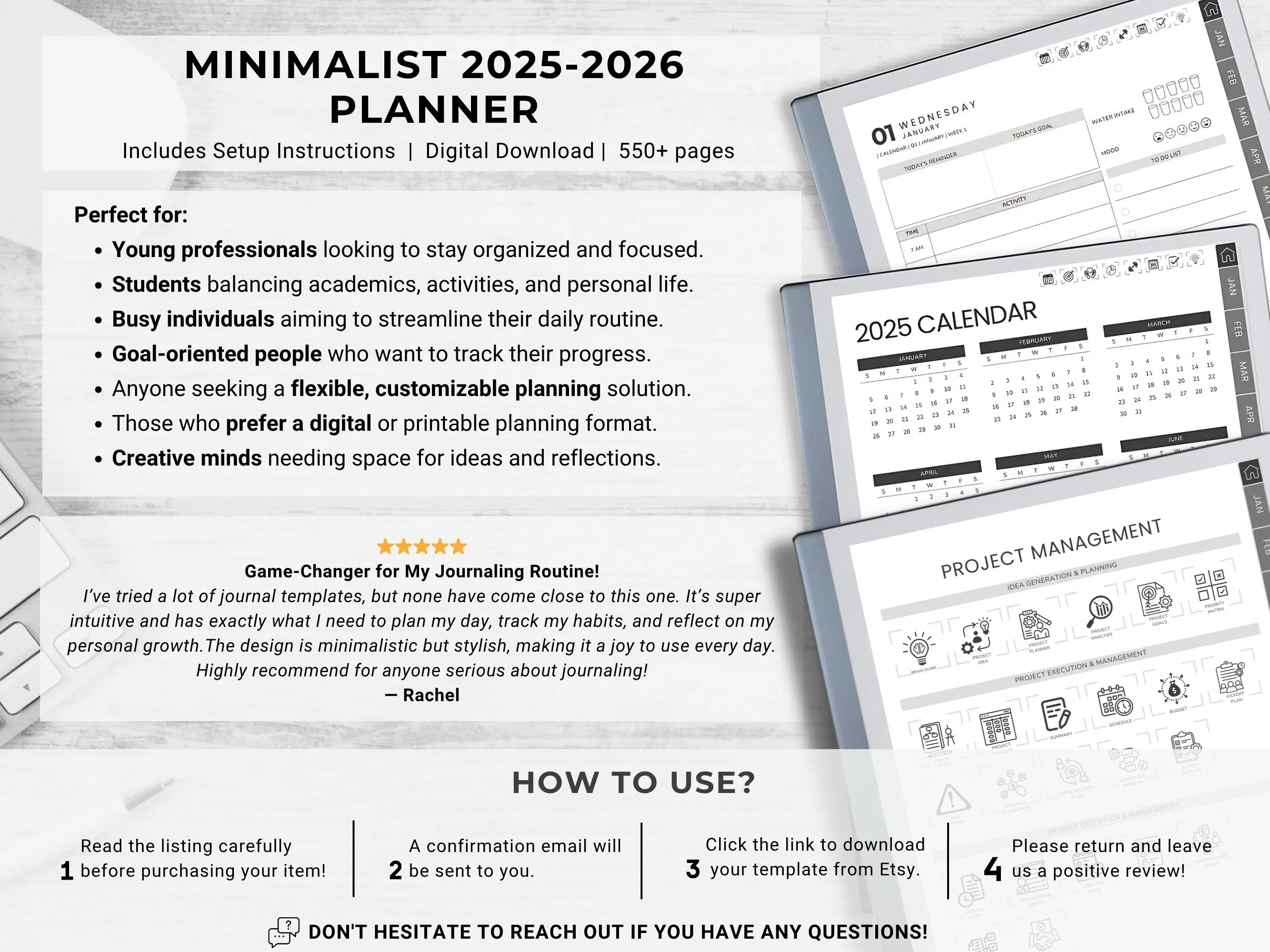 reMarkable Digital Planner 2025 2026 Daily Planner reMarkable 2 Template Minimalist Hyperlinked Planner for reMarkable Organization Planner