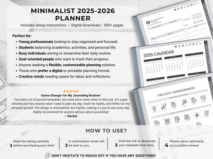reMarkable Digital Planner 2025 2026 Daily Planner reMarkable 2 Template Minimalist Hyperlinked Planner for reMarkable Organization Planner