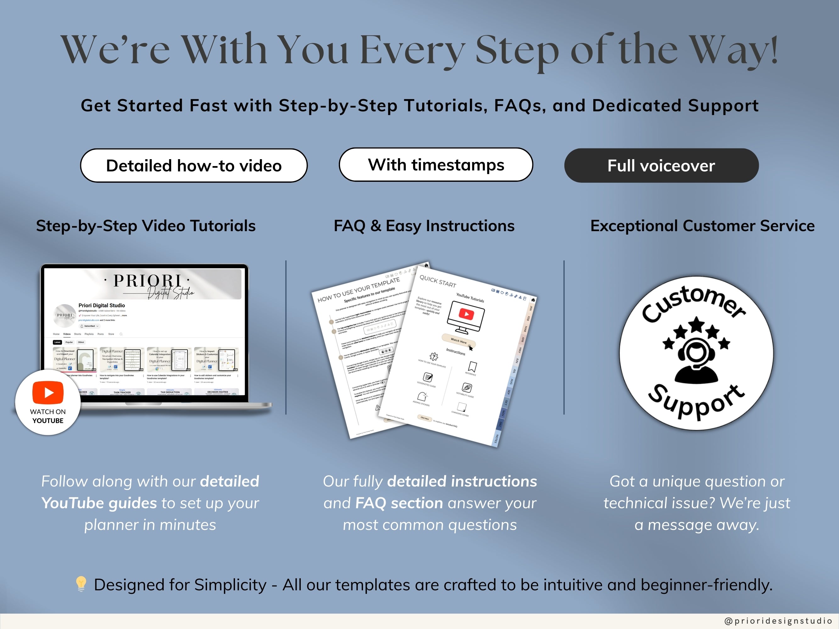 Promotional graphic for step-by-step tutorials, FAQs, and customer support with a laptop and printed materials on a blue background.