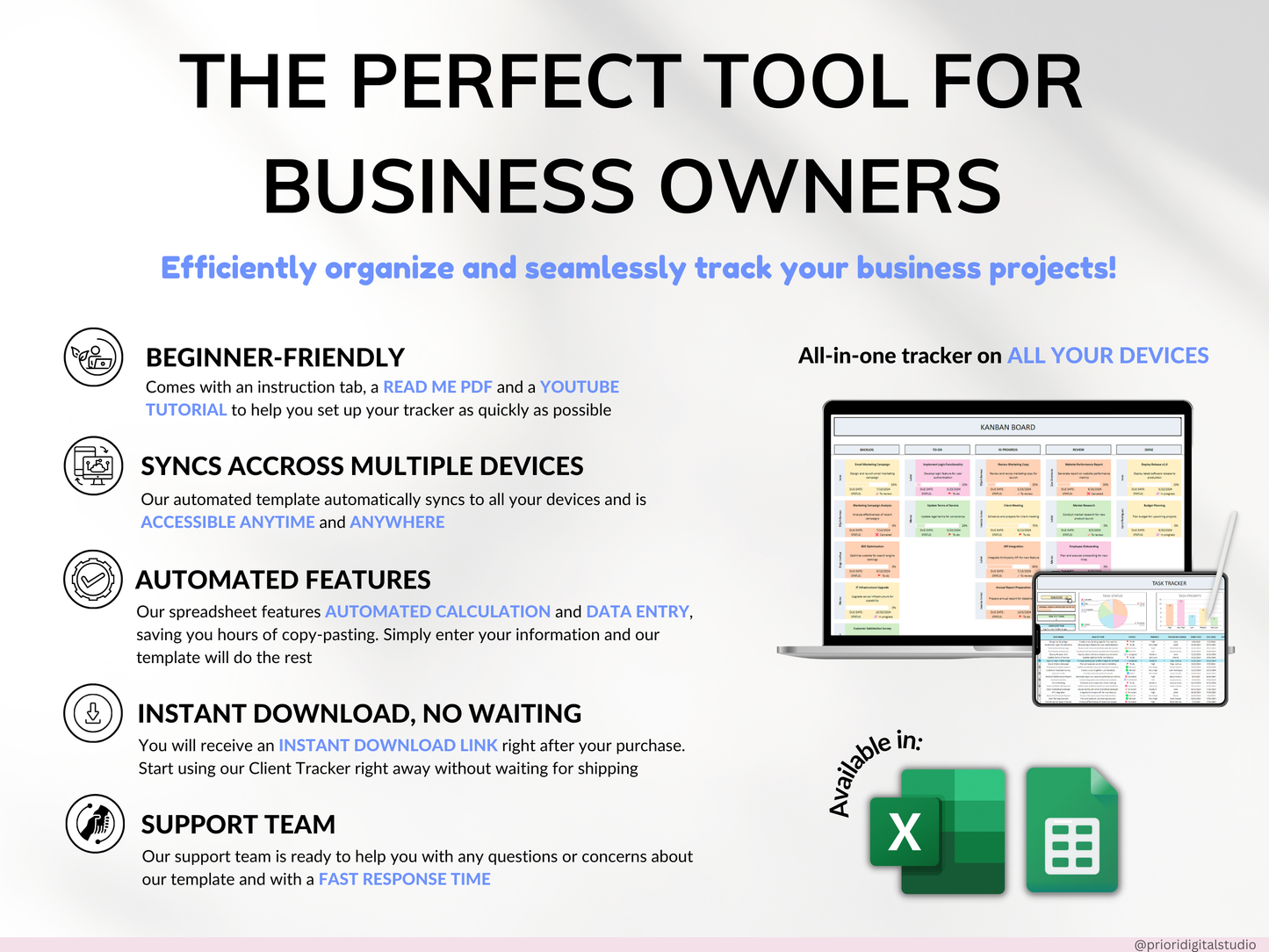 Kanban Board w/ Task Tracker for Small Business Project Planning To-Do List Project Template Task Checklist Small Business Planner Excel Google Sheets