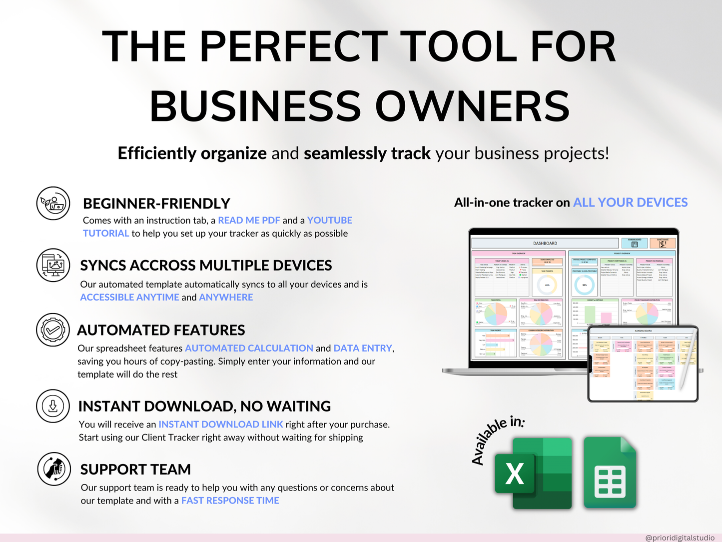 Project Management Tool for Small Business Project Planner Task Tracker To-Do List Template Gantt Chart Business Planner Kanban Board Excel Google Sheets