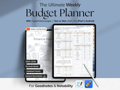 Advertisement for 'The Ultimate Weekly Budget Planner' on a tablet with a blue gradient background.