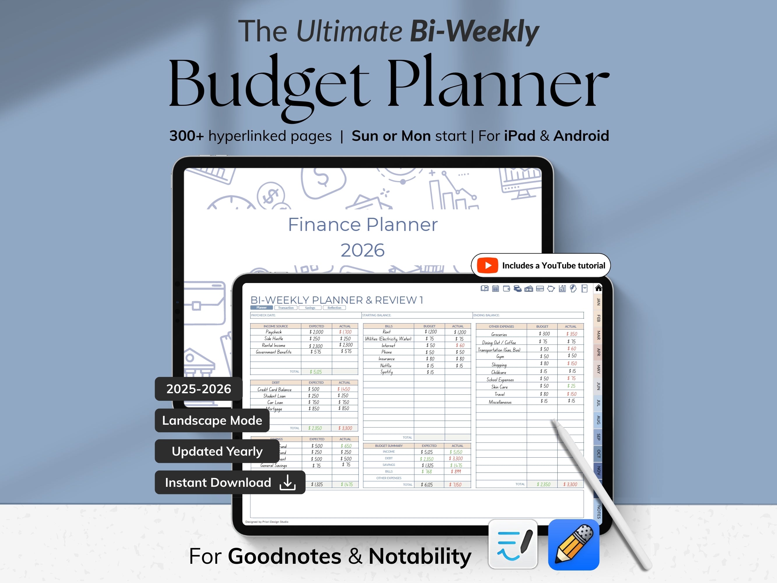 Advertisement for 'The Ultimate Bi-Weekly Budget Planner' on a tablet and smartphone with a blue gradient background.