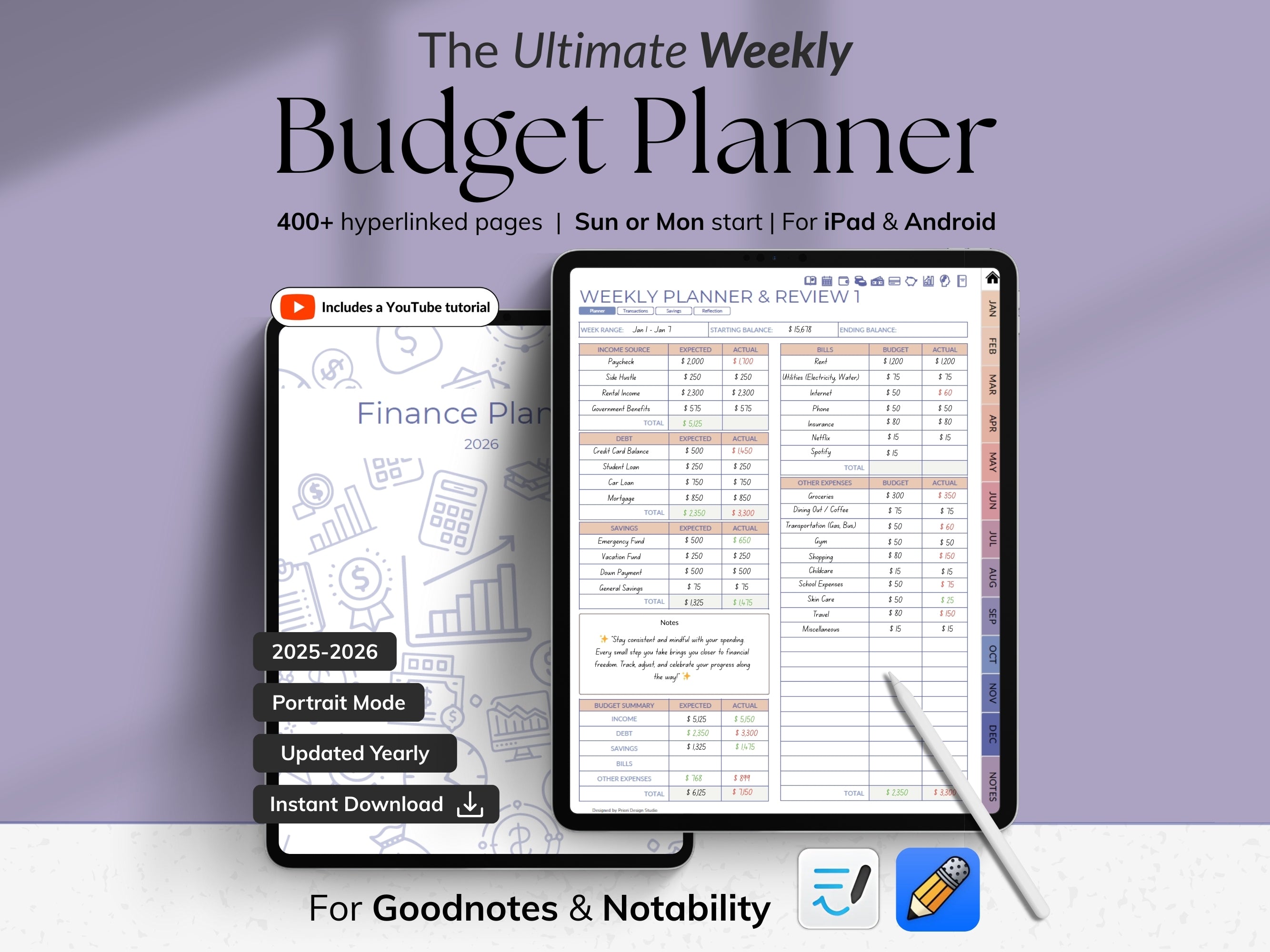 Advertisement for 'The Ultimate Weekly Budget Planner' on a tablet screen with a purple background.