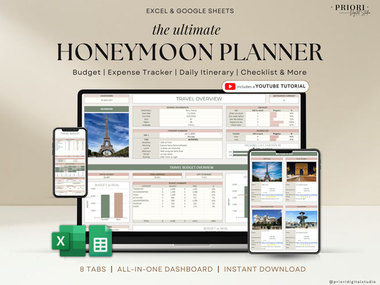Honeymoon Travel Planner Google Sheets Excel Holiday Organizer Travel Budget Spreadsheet Travel Itinerary Vacation Planner Packing List
