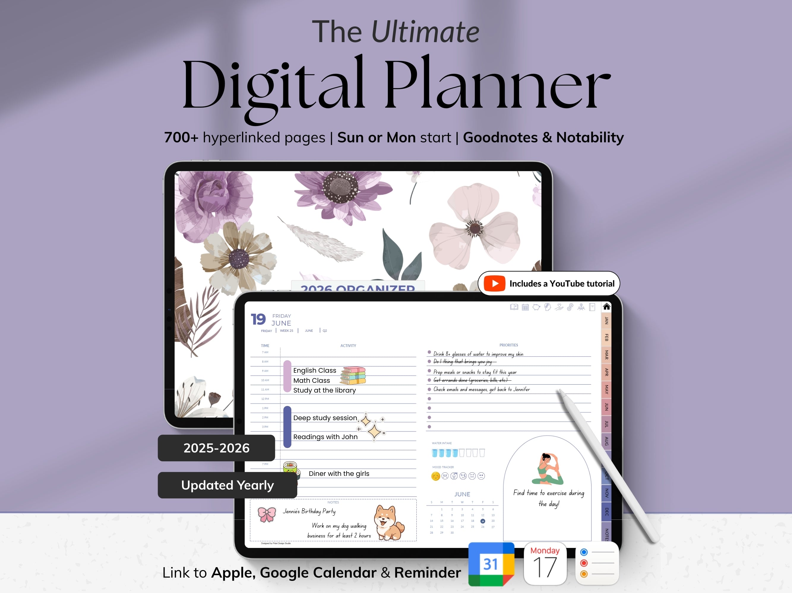 Digital planner software with interface on a tablet and smartphone on a purple background