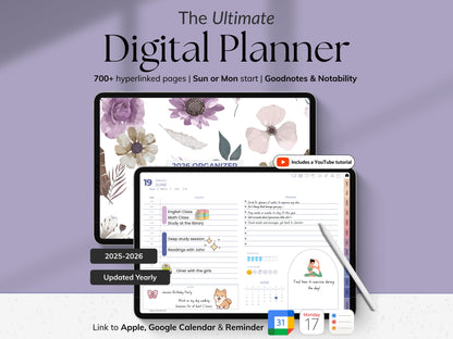 Digital planner software with interface on a tablet and smartphone on a purple background