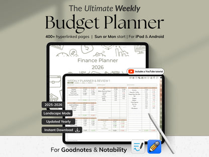 Weekly Budget Planner app on a tablet with a stylus, on a light gray background.