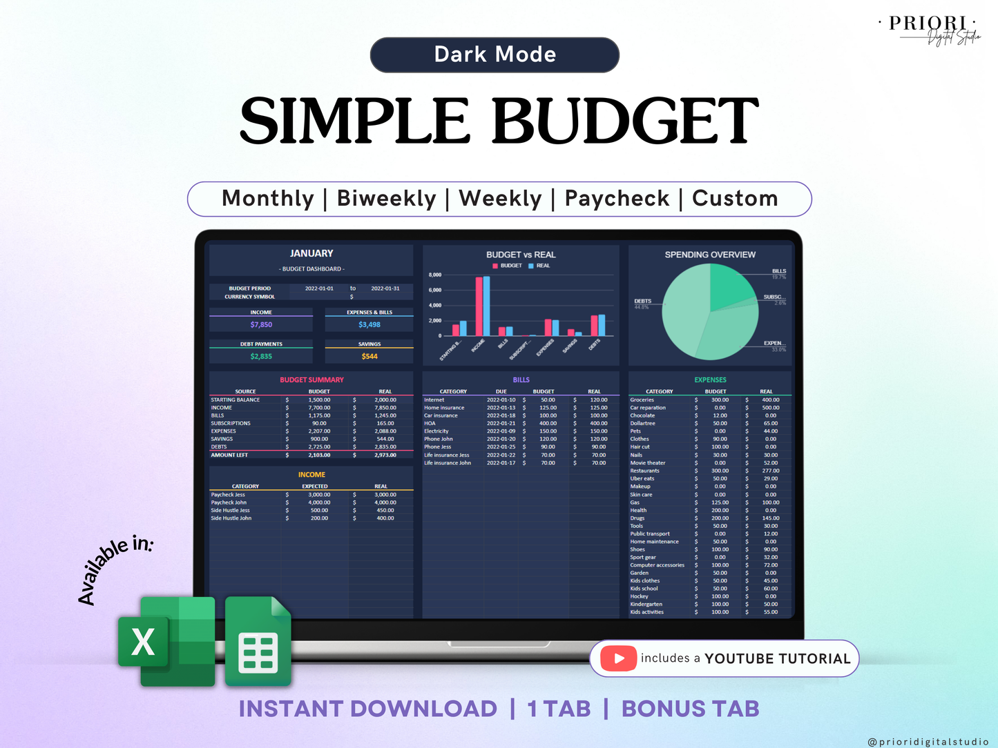 Simple Budget Spreadsheet Dark Mode Monthly Budget Spreadsheet Google Sheets Excel Weekly Paycheck Budget Biweekly Budget Expense Tracker