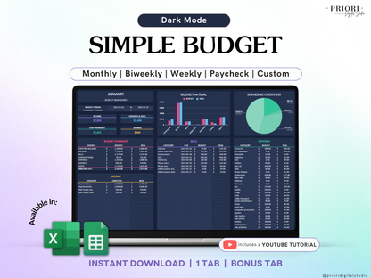 Simple Budget Spreadsheet Dark Mode Monthly Budget Spreadsheet Google Sheets Excel Weekly Paycheck Budget Biweekly Budget Expense Tracker
