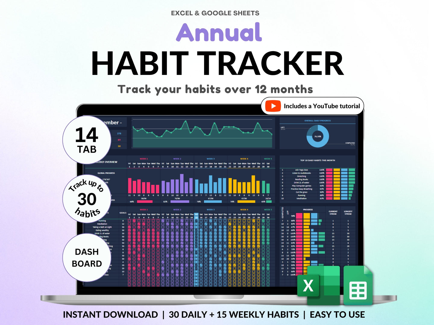 Yearly Habit Tracker Spreadsheet Google Sheets Excel Daily Habit Planner Weekly ADHD Planner Routine Planner Dark Mode Annual Habit Tracker