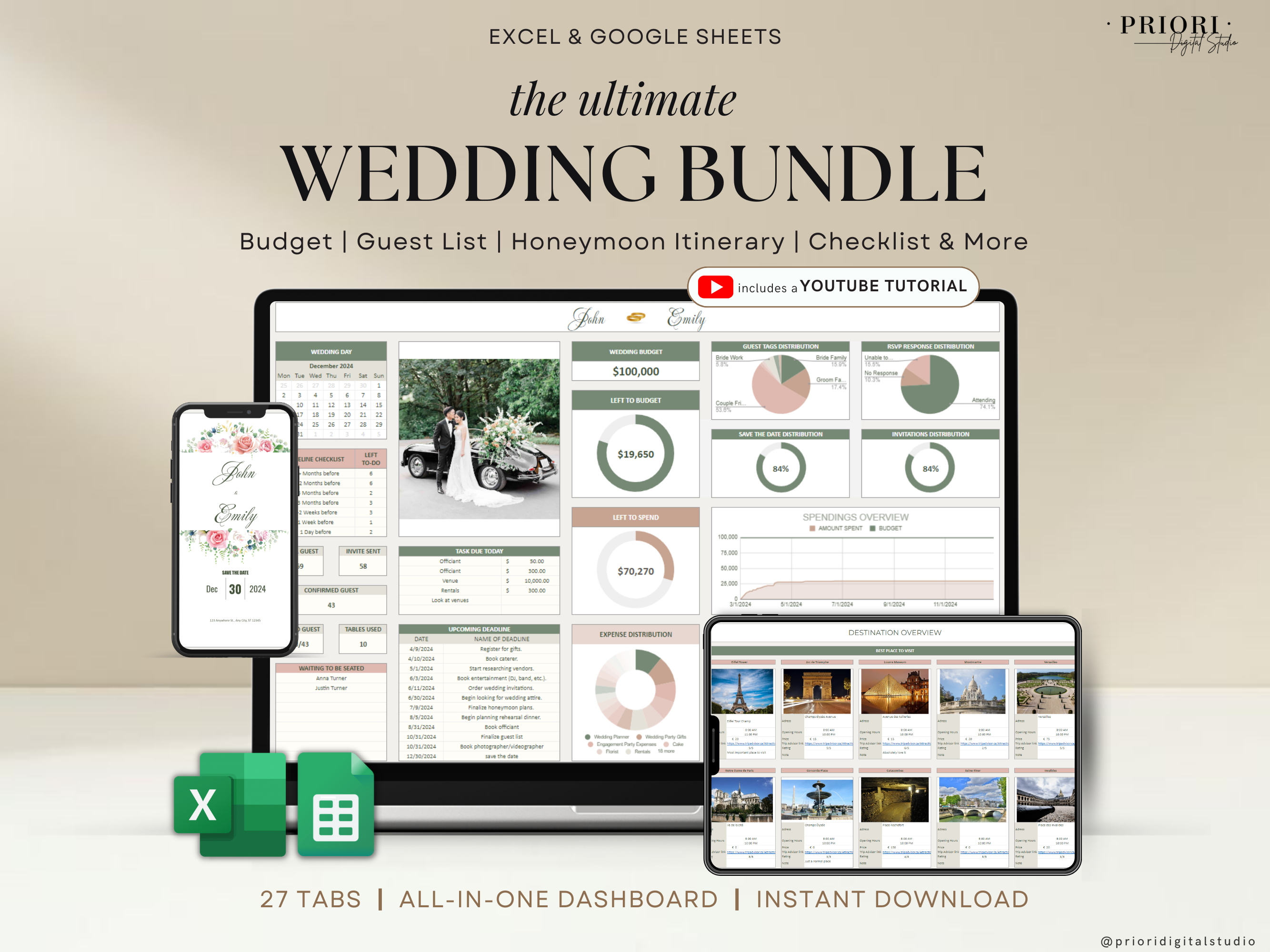 Wedding Planner Spreadsheet Wedding Budget Tracker Honeymoon Planner Checklist Guest List Tracker Wedding Travel Itinerary Seating Plan Excel Google Sheets#color_rosy-sage
