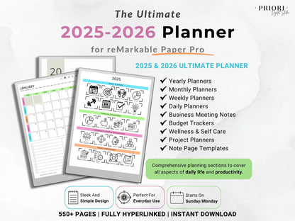 reMarkable Digital Planner 2025 2026 Daily Planner reMarkable 2 Template Minimalist Hyperlinked Planner for reMarkable Organization Planner