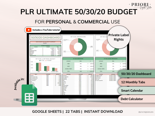 PLR Monthly Budget 50/30/20 Annual Budget Planner Commercial Use PLR Google Sheets Spreadsheet Private Label Rights PLR Budget Template