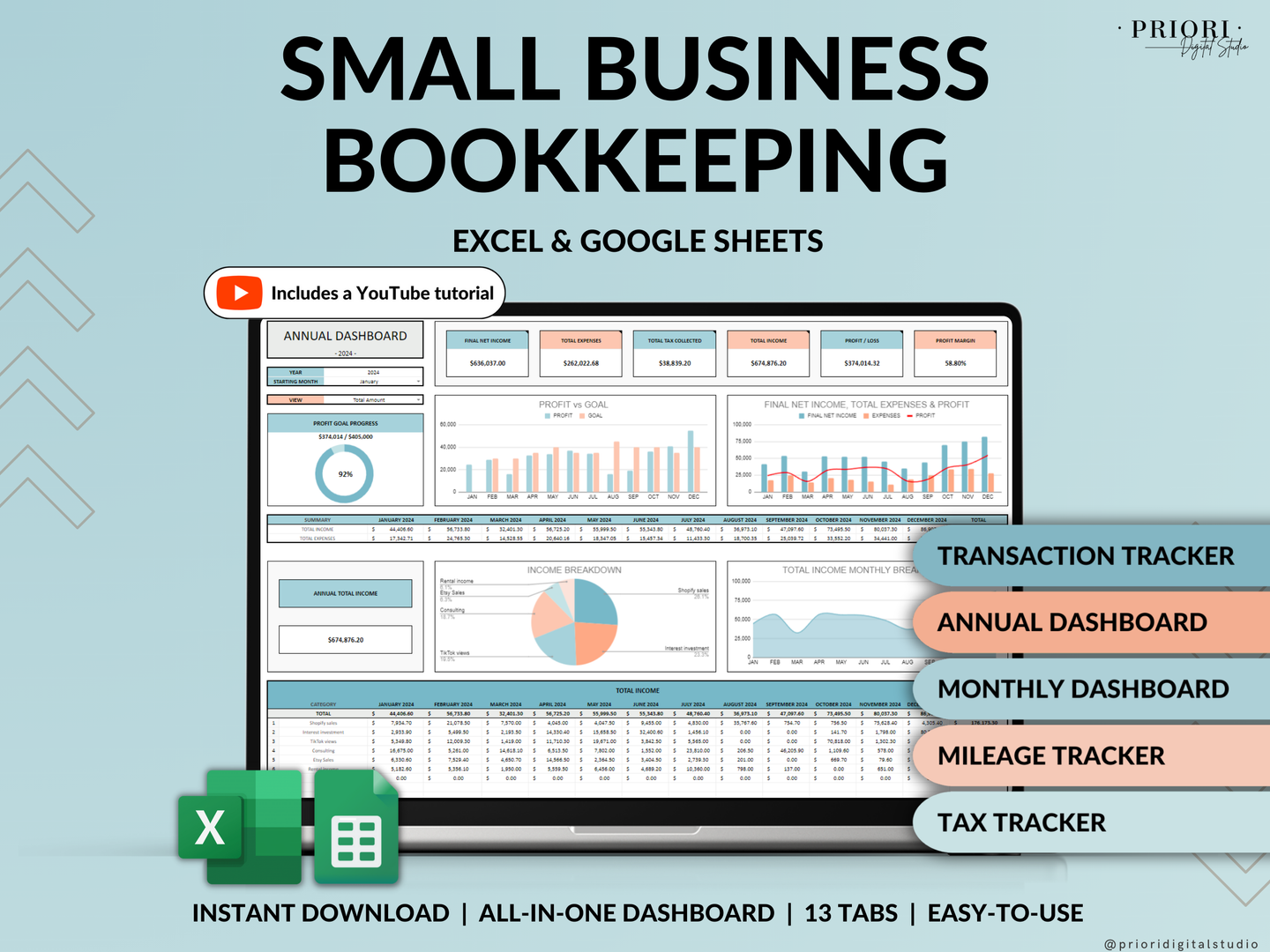 Small Business Bookkeeping Spreadsheet Income Expense Tracker Tax Tracker Accounting Template Mileage Tracker Business Planner Profit & Loss Excel Google Sheets