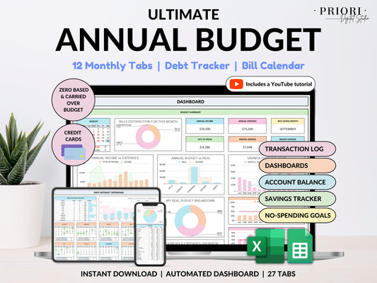 Ultimate Annual Budget Spreadsheet Monthly Budget Tracker Couple Financial Planner Bill Tracker Debt Tracker Savings Excel Google Sheets