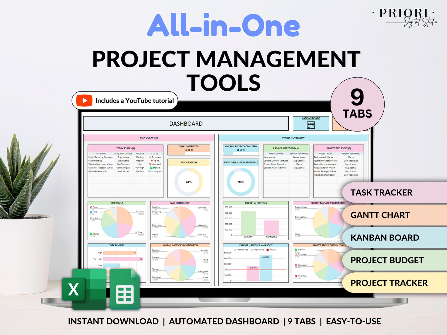 Project Management Tool for Small Business Project Planner Task Tracker To-Do List Template Gantt Chart Business Planner Kanban Board Excel Google Sheets