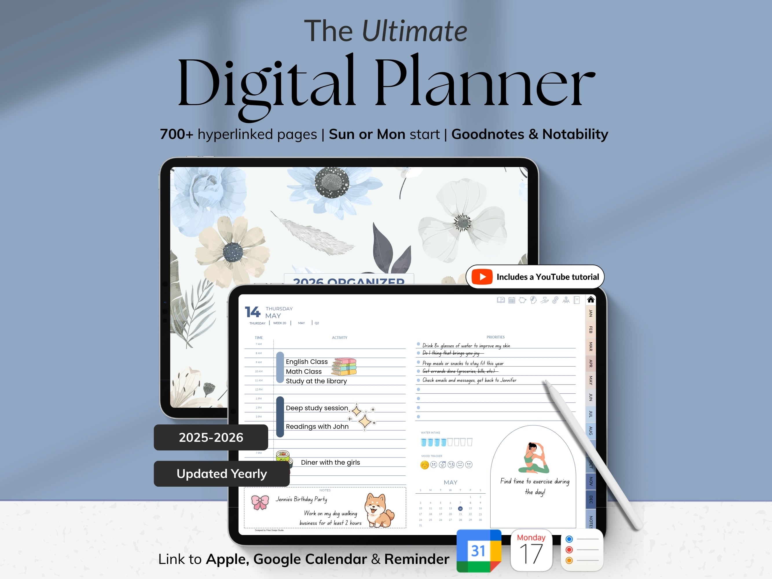 Digital planner software with interface on a computer screen and smartphone, on a light blue gradient background.