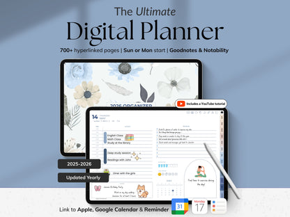 Digital planner software with interface on a computer screen and smartphone, on a light blue gradient background.