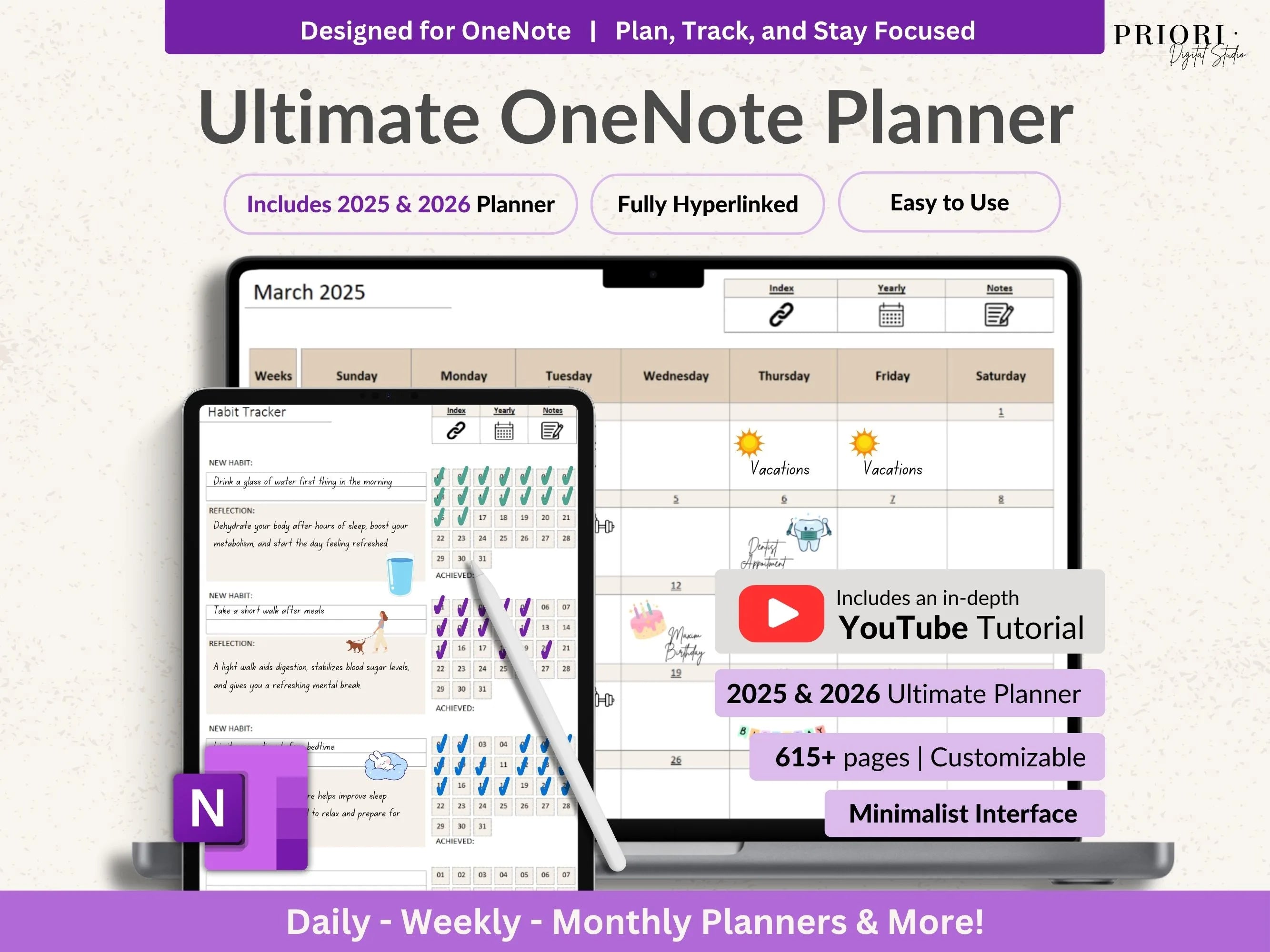 OneNote Digital Planner for 2025 2026 OneNote Template Hyperlinked Daily Planner Monthly Calendar Dated Weekly Planner Organization Planner