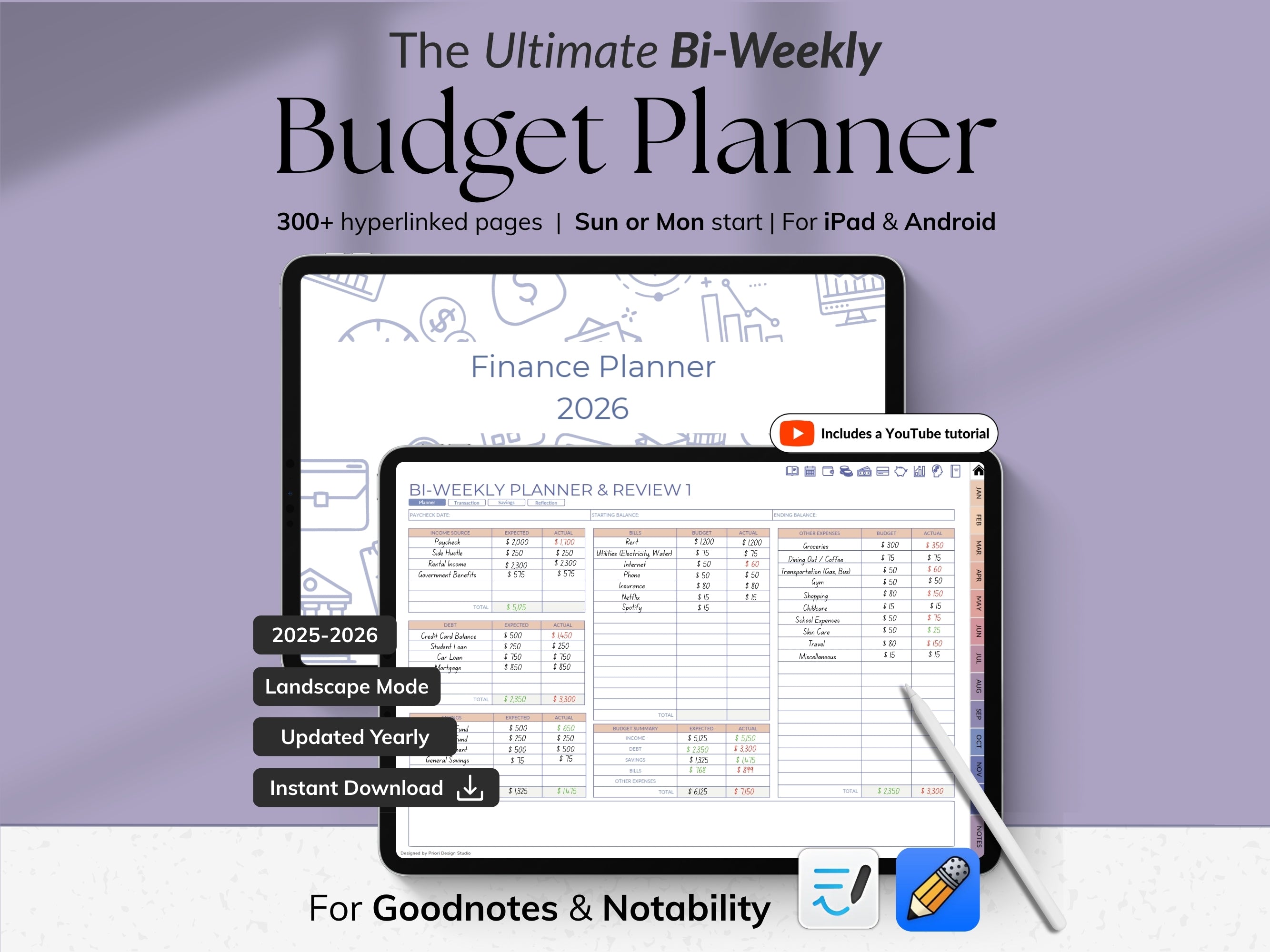 Advertisement for 'The Ultimate Bi-Weekly Budget Planner' on a tablet and smartphone with a purple background.
