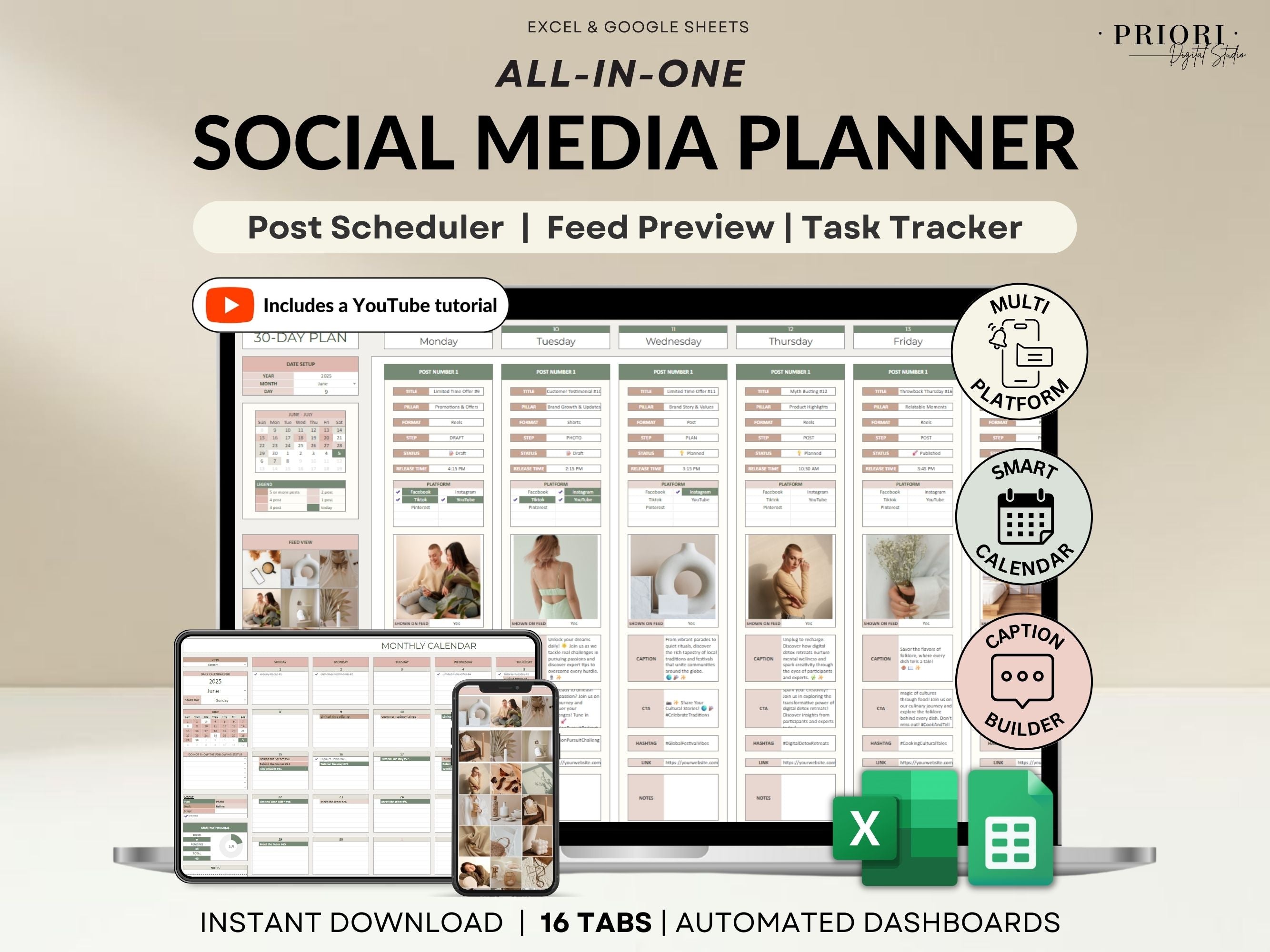 Social Media Content Planner Spreadsheet Monthly Content Calendar for Digital Creators Google Sheets Excel Template Instagram TikTok Manager
