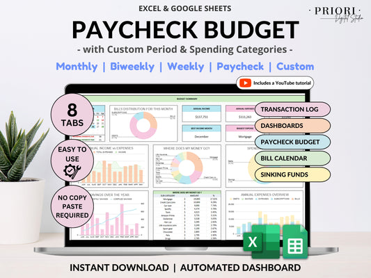 Paycheck Budget Spreadsheet Google Sheets & Excel Template Weekly Paycheck Budget Biweekly Paycheck Planner Bill Tracker Custom Budgeting