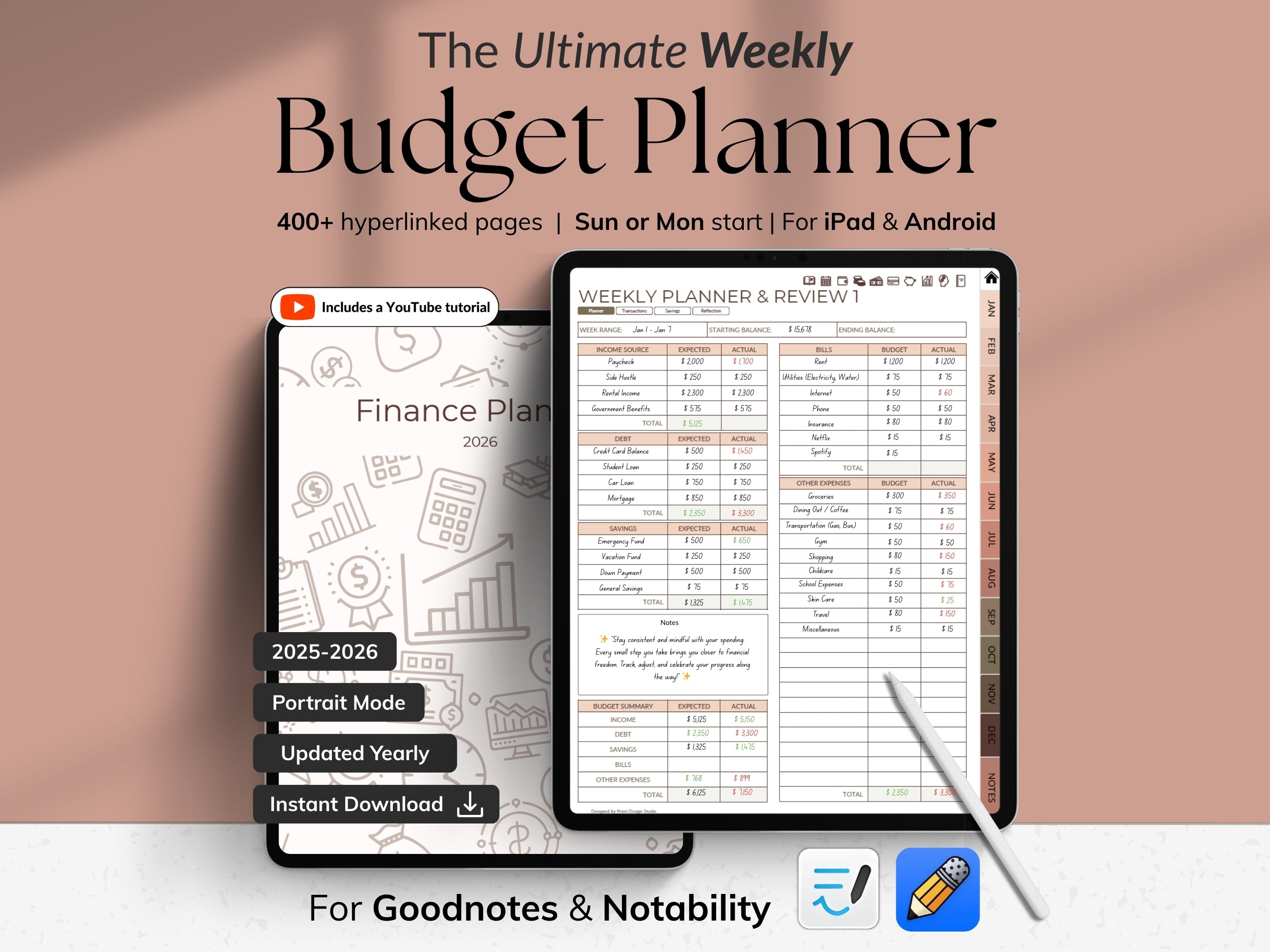 Digital weekly budget planner app on a tablet with a pink background