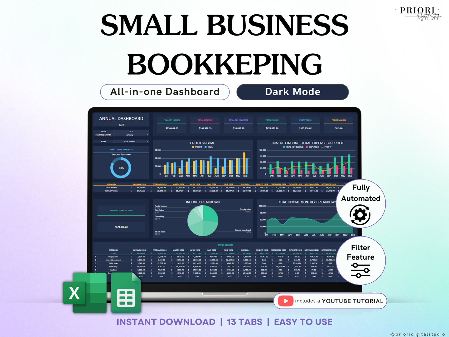 Small Business Bookkeeping Spreadsheet Dark Mode Income Expense Tracker Tax Tracker Dark Accounting Template Business Planner Profit & Loss Excel Google Sheets