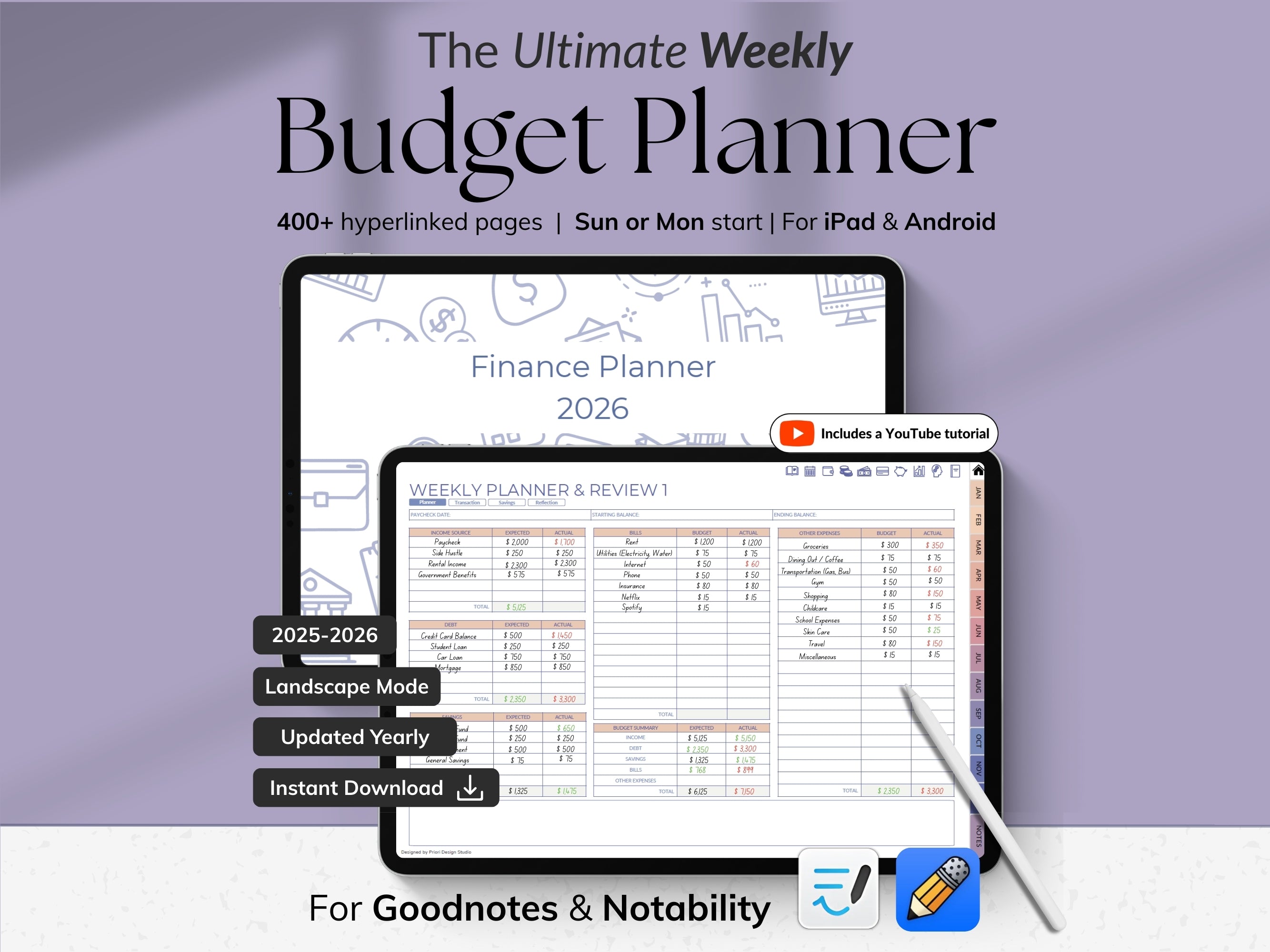 Weekly Budget Planner app on a tablet with a stylus, on a light gray background.