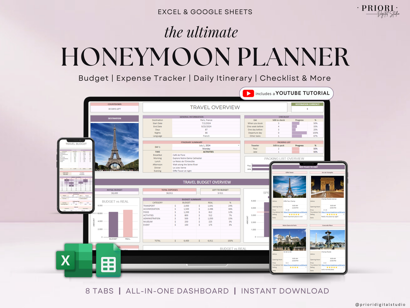 Honeymoon Travel Planner Google Sheets Excel Holiday Organizer Travel Budget Spreadsheet Travel Itinerary Vacation Planner Packing List