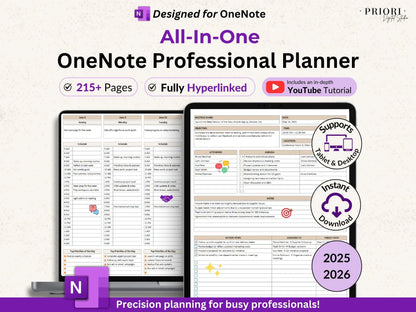 OneNote Planner 2025 2026 Professional One Note Template for Work Project Management Hyperlinked Planner Weekly Planner Organization Planner