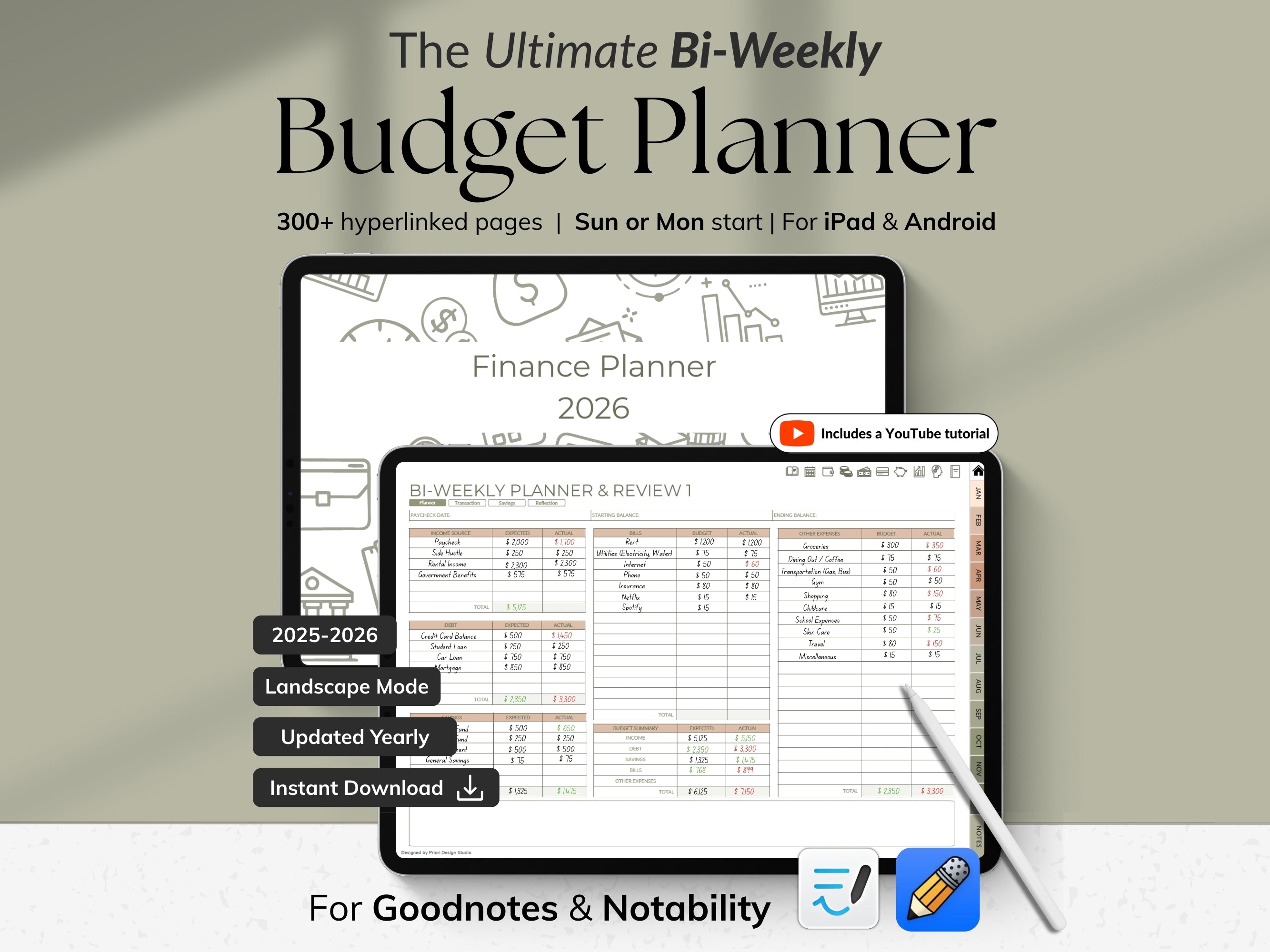 Advertisement for 'The Ultimate Bi-Weekly Budget Planner' on a tablet and smartphone with a pen on a light gray background.#color_muted-garden