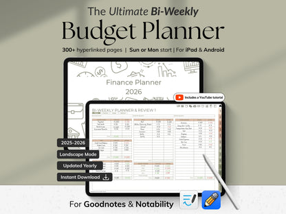 Advertisement for 'The Ultimate Bi-Weekly Budget Planner' on a tablet and smartphone with a pen on a light gray background.