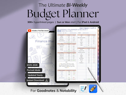 Bi-Weekly Budget Planner app on a tablet with a purple background