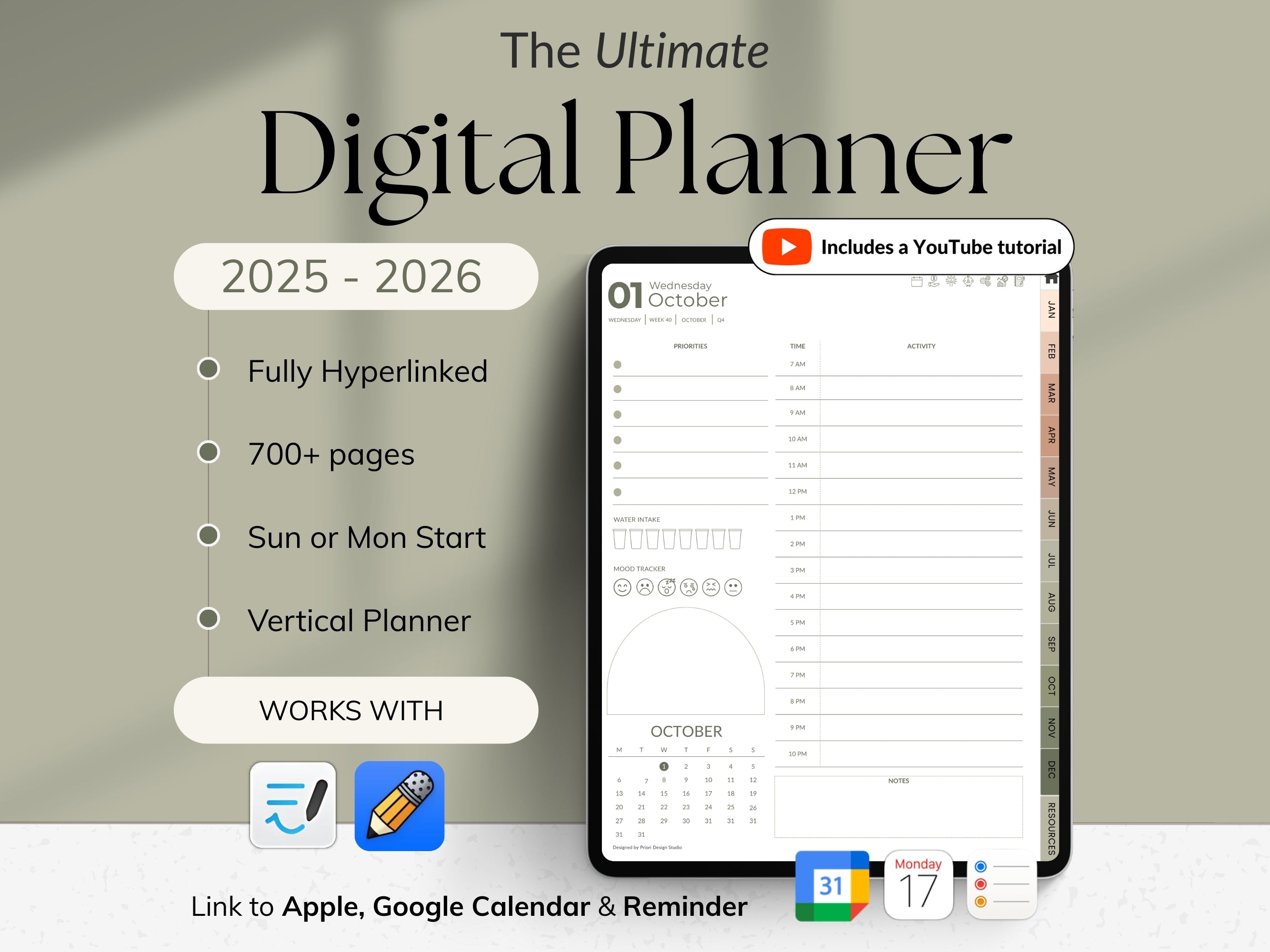Digital planner with features and compatibility information on a gray background#color_muted-garden