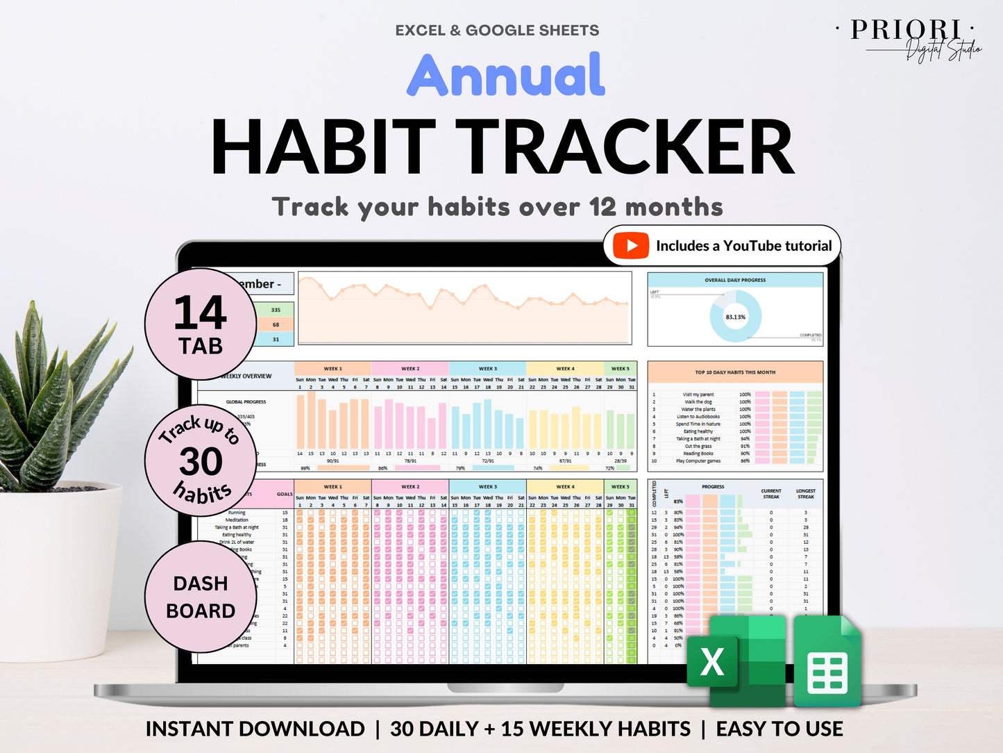 Yearly Habit Tracker Spreadsheet Excel Google Sheets Daily Habit Planner Weekly Goal Planner Routine Planner ADHD Habit Tracker Annual Habit