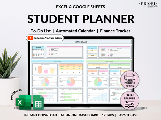 Student Planner with Assignment Tracker Academic Planner Google Sheets Excel Task Tracker To-Do List Automated Calendar Budget Finance Tracker