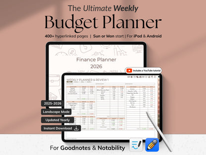 Weekly Budget Planner app on a tablet with a stylus, on a light gray background.