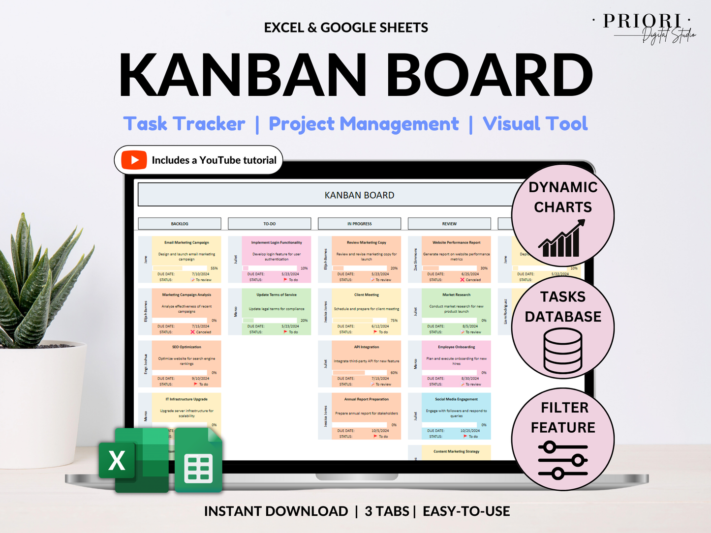 Kanban Board w/ Task Tracker for Small Business Project Planning To-Do List Project Template Task Checklist Small Business Planner Excel Google Sheets