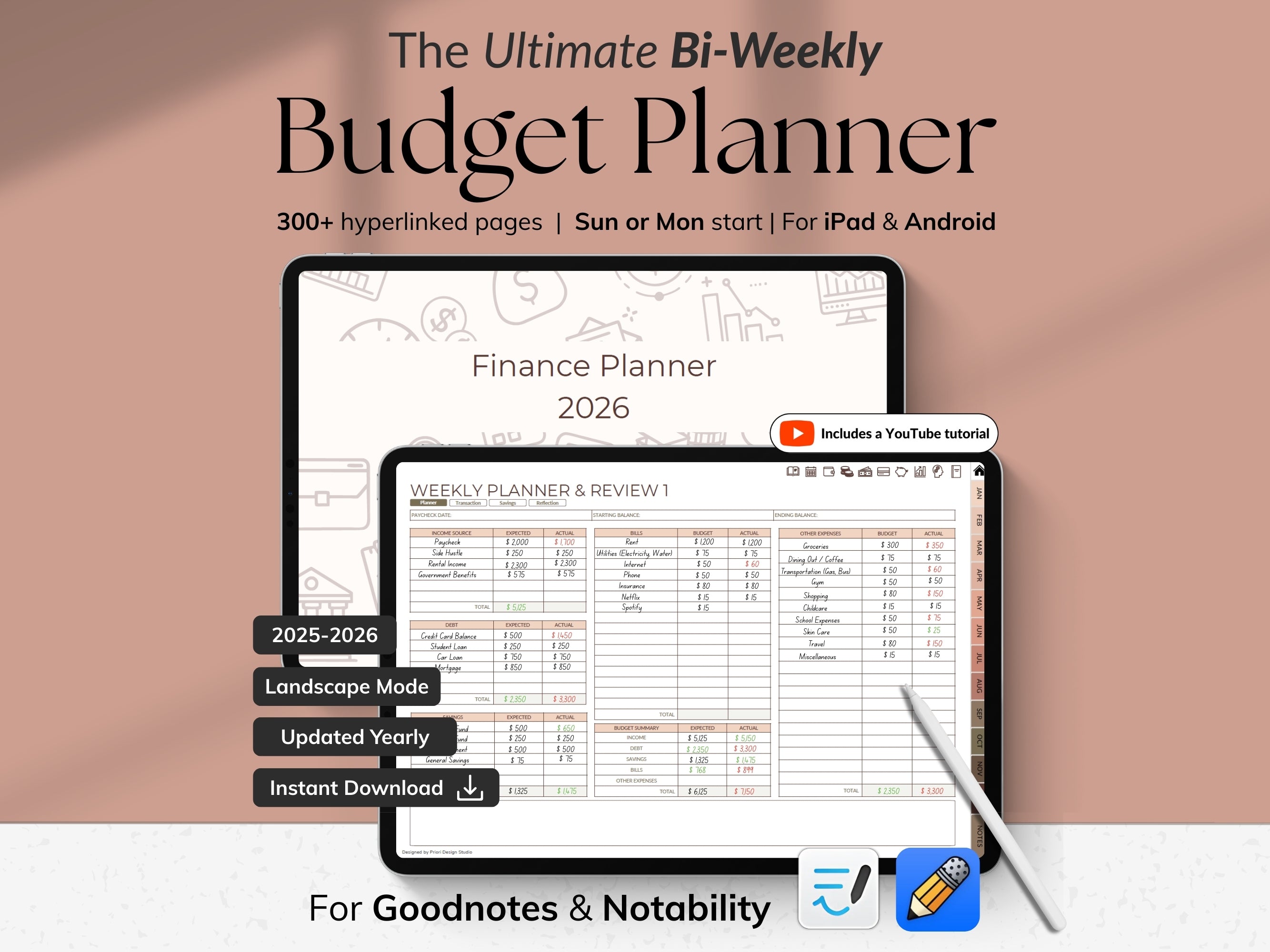 Advertisement for 'The Ultimate Bi-Weekly Budget Planner' on a digital device with a pen on a pink background.