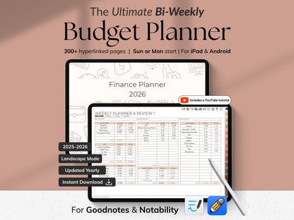 Advertisement for 'The Ultimate Bi-Weekly Budget Planner' on a digital device with a pen on a pink background.