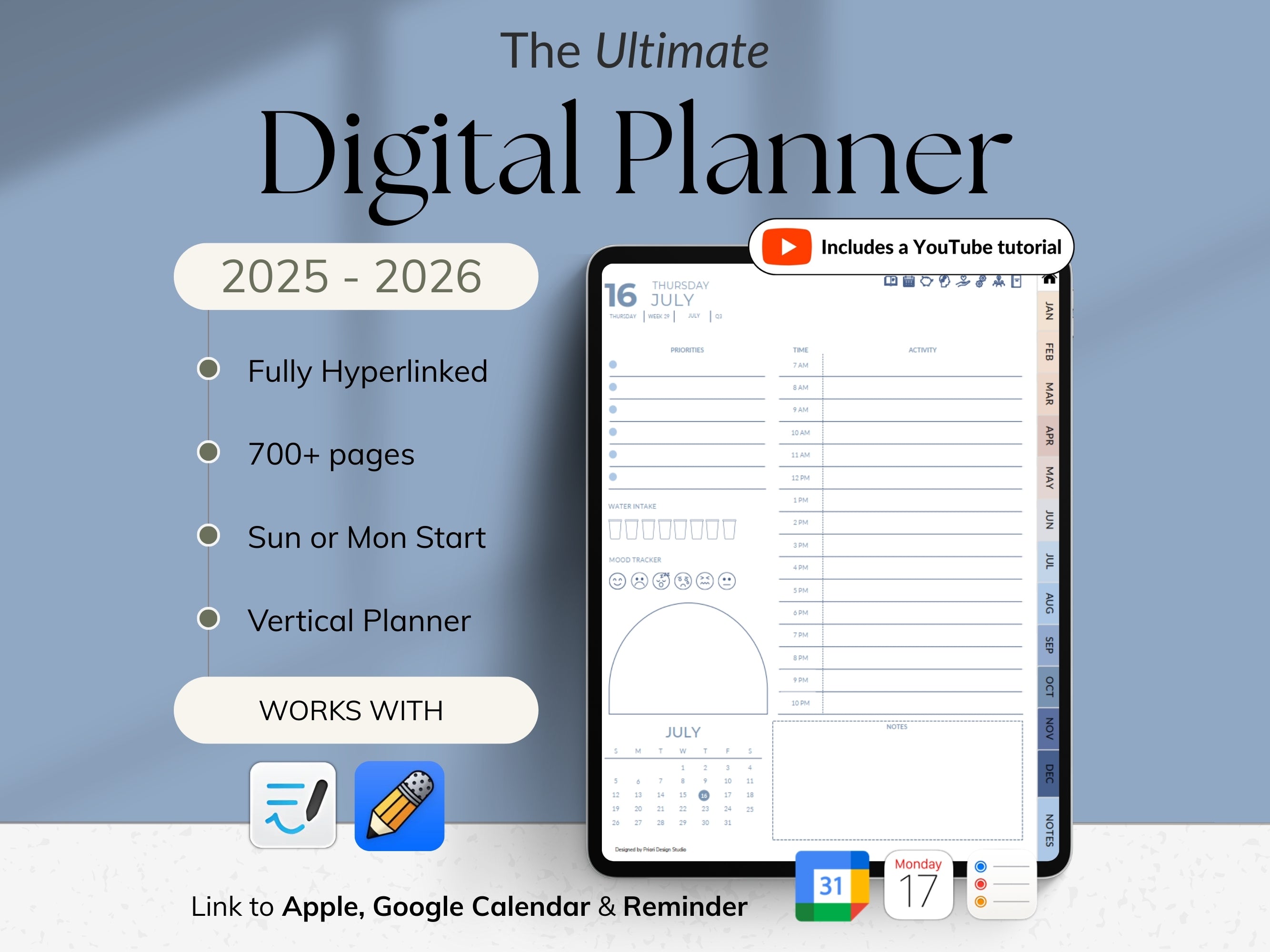 Digital planner with features and compatibility information for Morning Shore theme.
