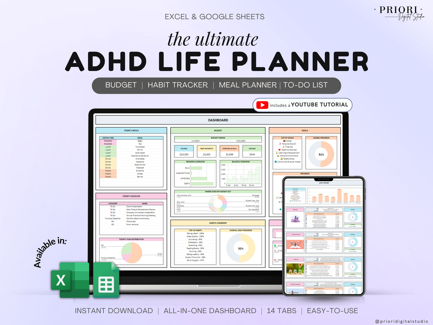 ADHD Life Planner ADHD Digital Organizer Planner Budget Tracker Meal Planner Spreadsheet Template 2024 Calendar To Do List Savings Tracker Excel Google Sheets