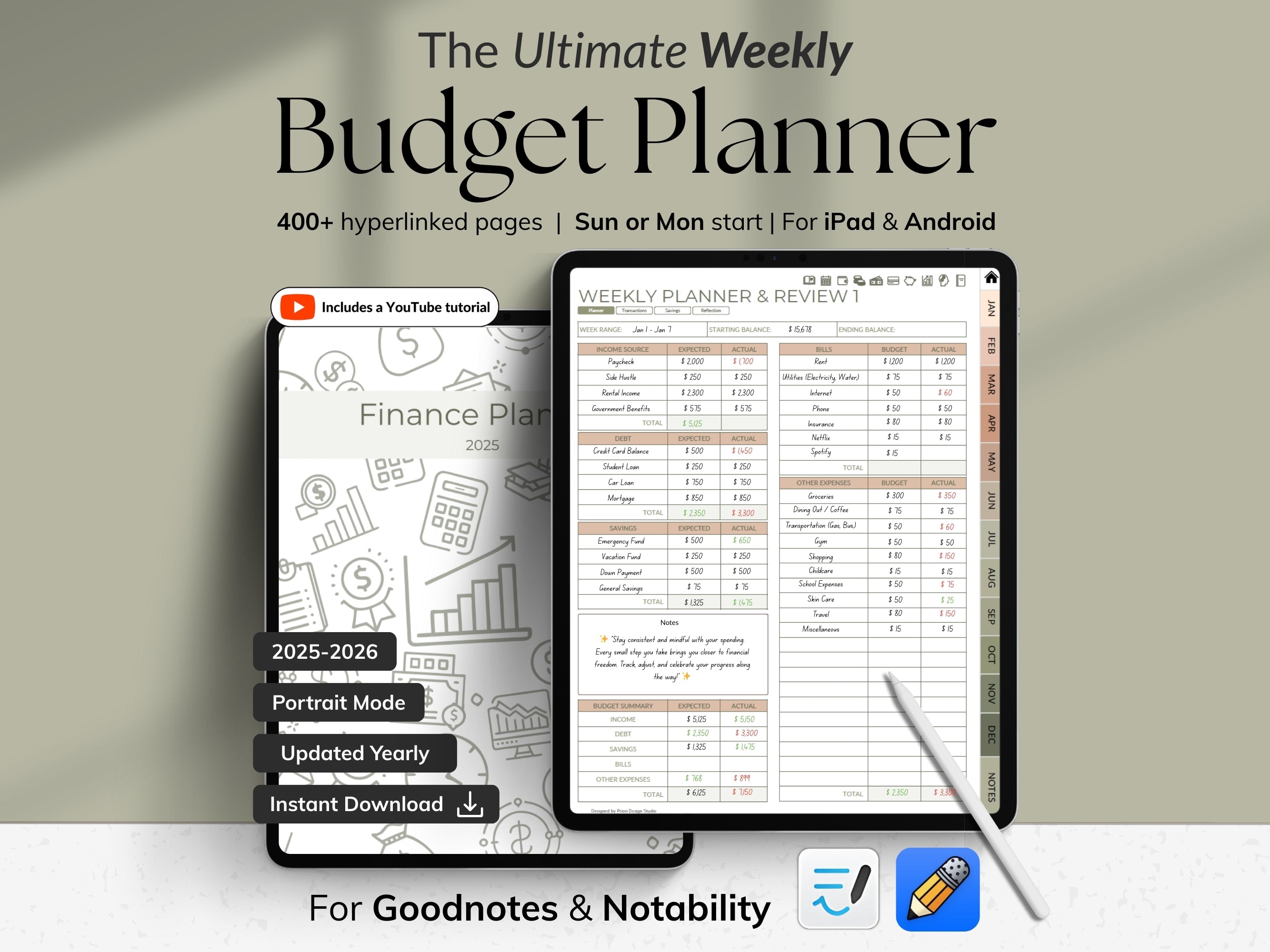 Advertisement for 'The Ultimate Weekly Budget Planner' on a tablet screen with a stylus