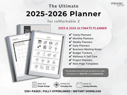 reMarkable Digital Planner 2025 2026 Daily Planner reMarkable 2 Template Minimalist Hyperlinked Planner for reMarkable Organization Planner