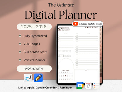 Digital planner with features and compatibility information on a Sepia Rose background.