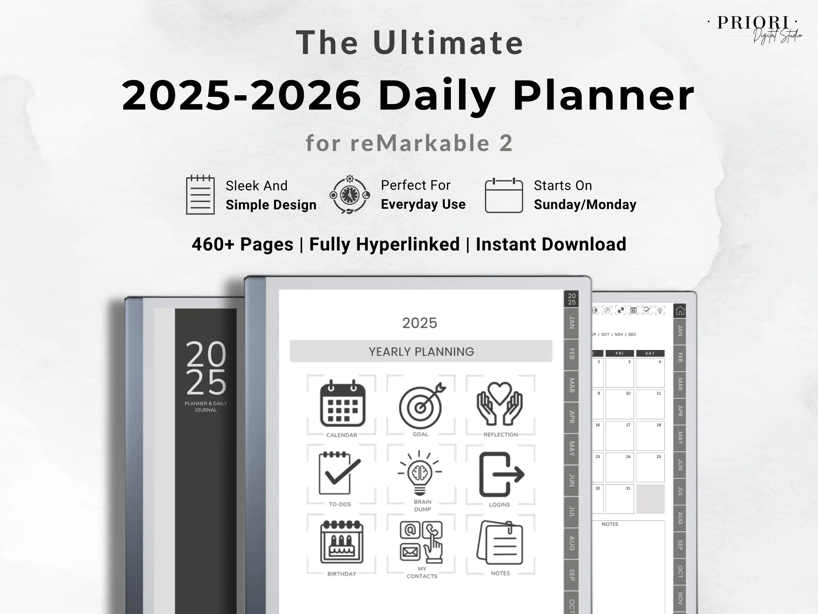 reMarkable Planner Daily Planner 2025 2026 Daily Journal reMarkable 2 Template Digital Planner Minimalist Hyperlinked Planner for reMarkable
