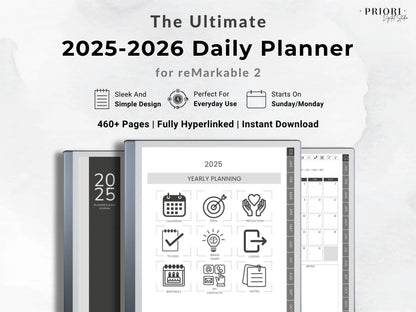 reMarkable Planner Daily Planner 2025 2026 Daily Journal reMarkable 2 Template Digital Planner Minimalist Hyperlinked Planner for reMarkable