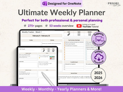 OneNote Template for 2025 Weekly Digital Planner Monthly OneNote Planner Hyperlinked Planner Organization Planner Professional Dated Planner